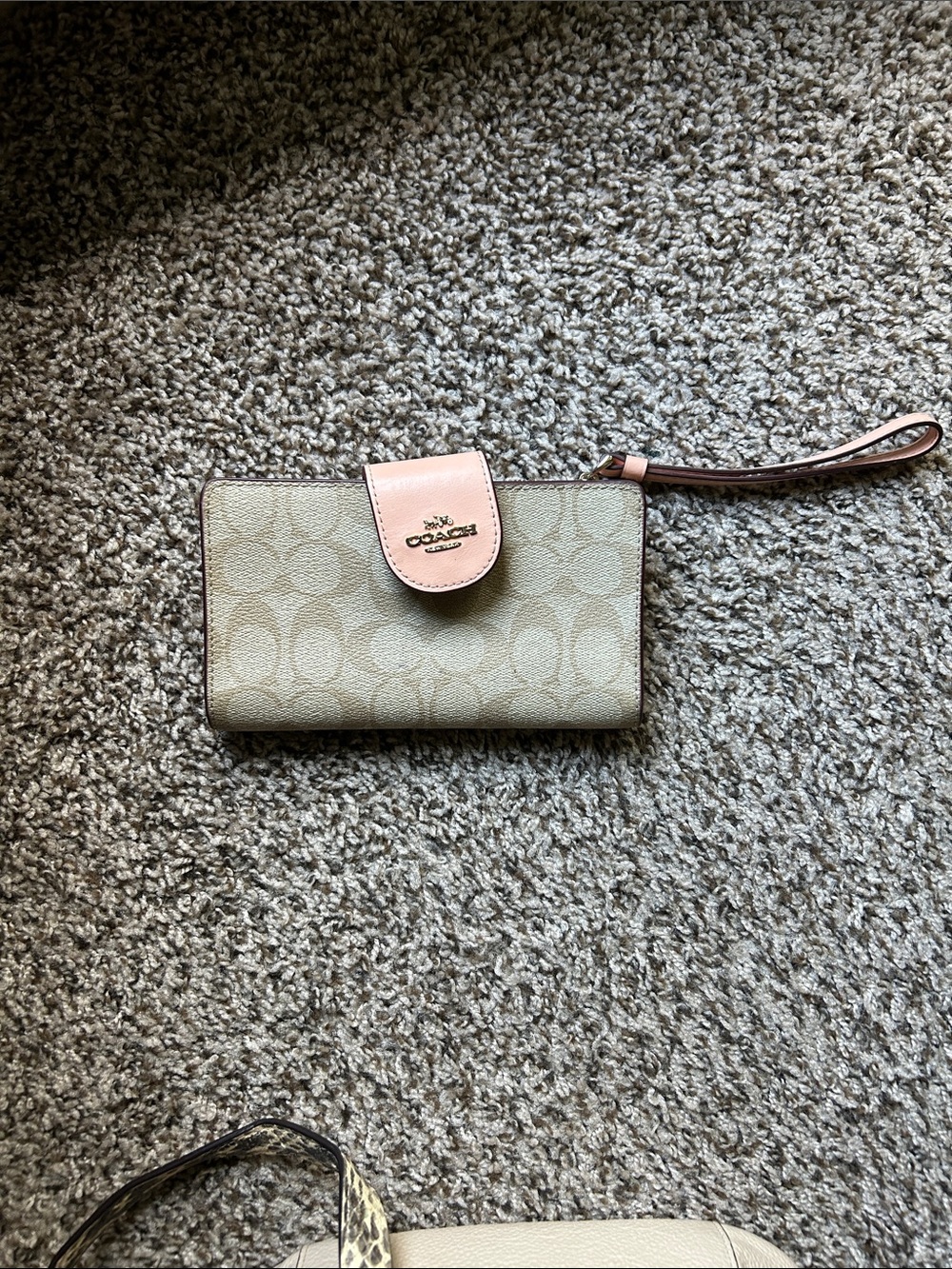 Coach Khaki Monogram Canvas Wristlet with Pale Pink Trim